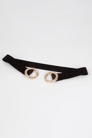 Black stretch belt with double embellished gold-tone hoop details