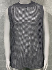 Gray open-knit tank top with ribbed trim and a crew neck.