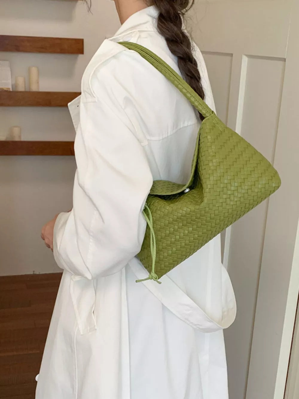 Woven Leather Shoulder Bag in Yellow, side view