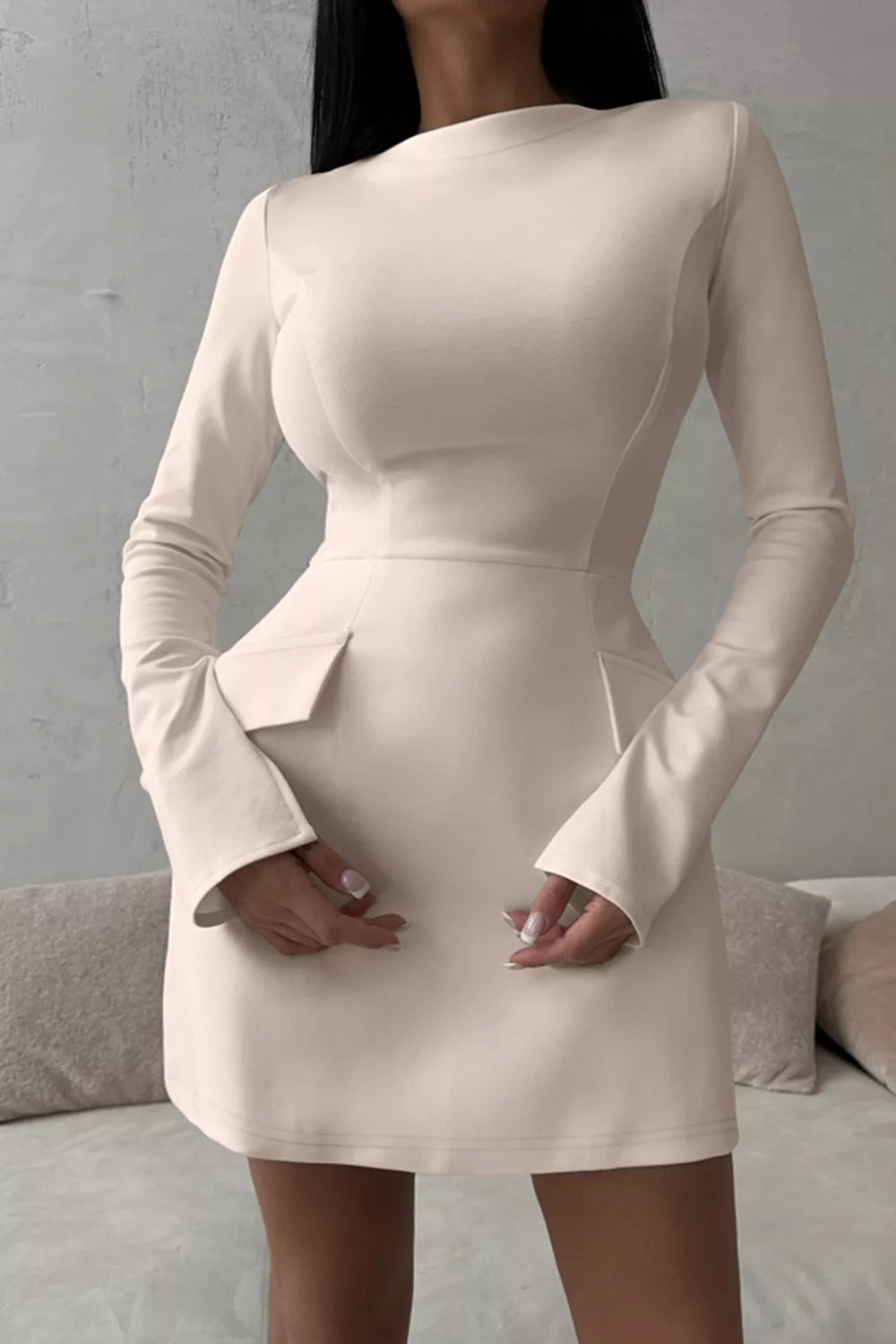 Long-sleeve Mini Dress With Flap Pockets, front view