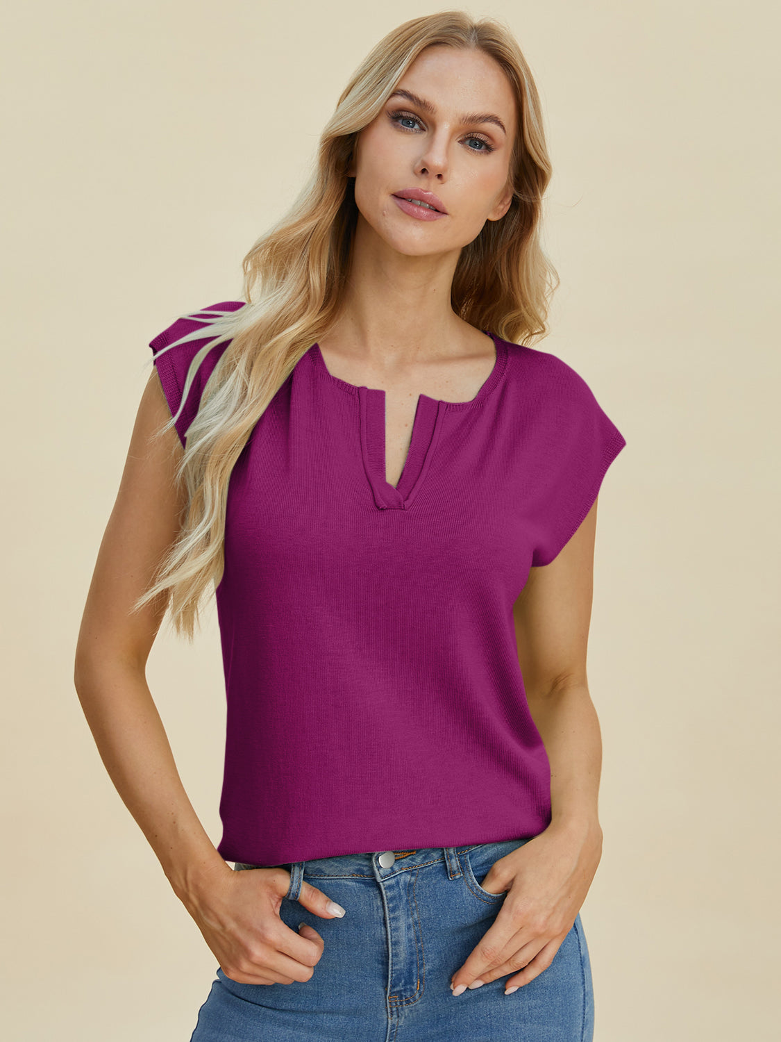 Deep Purple knit tee with keyhole neckline and cap sleeves.