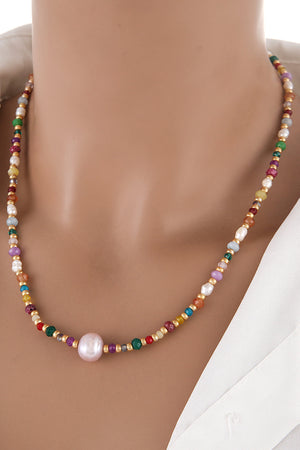 Multicolor beaded gemstone and pearl necklace with gold accents