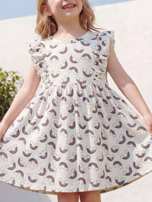 Children's Rainbow Print Ruffle Sleeve Dress, front view