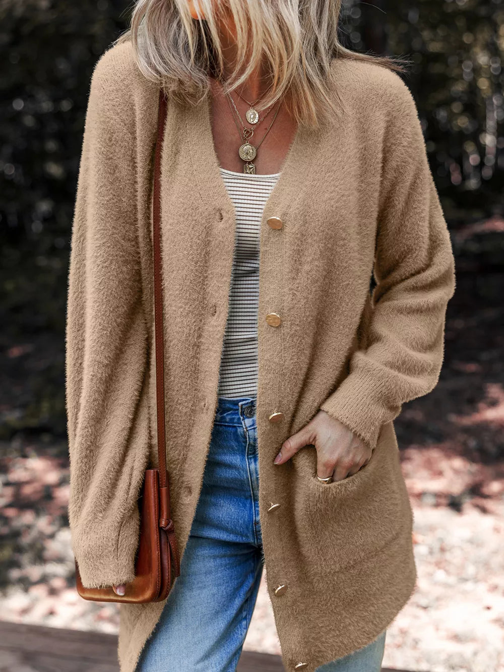 Fuzzy camel button-front cardigan with pockets and V-neck.