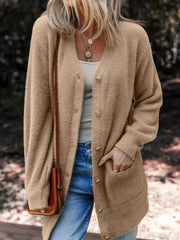 Fuzzy camel button-front cardigan with pockets and V-neck.