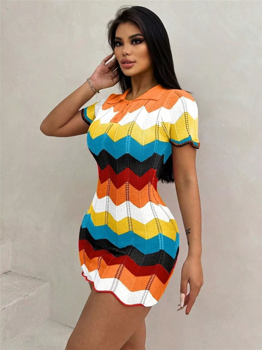 Zigzag knit short sleeve polo dress in multicolor chevron pattern, acrylic.