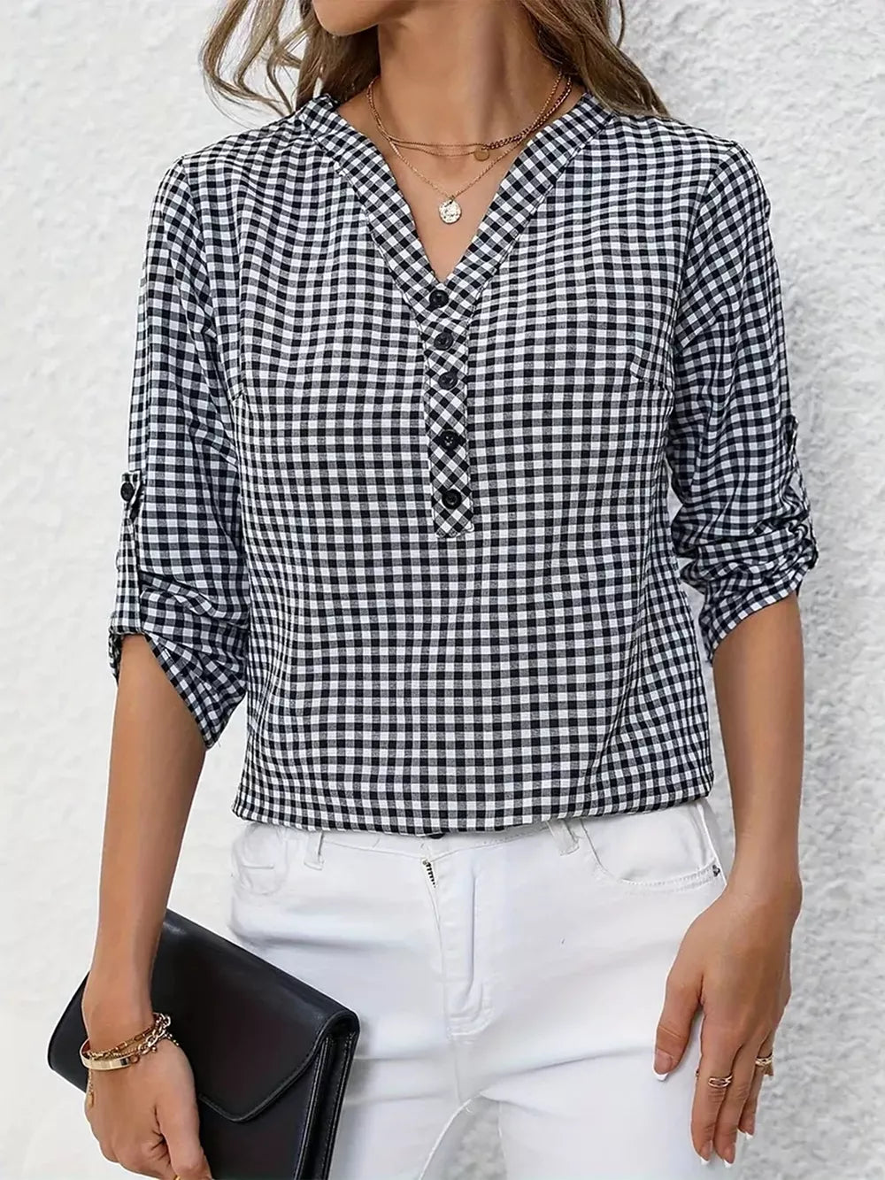 Gingham Button Detail Blouse in Black, front view