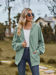 Sage green textured knit dolman sleeve zip-up hoodie with pockets