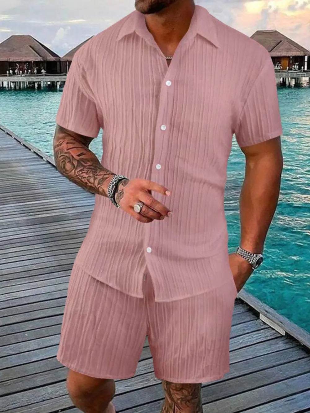 Dusty pink textured resort shirt and shorts set with short sleeves and button front