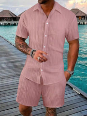 Dusty pink textured resort shirt and shorts set with short sleeves and button front