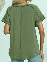 Matcha green ribbed v-neck tee with contrast stitching and cuffed short sleeves.