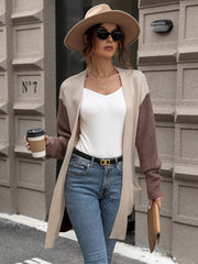 Colorblock knit longline cardigan in sand and brown acrylic with pockets.