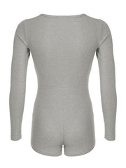 Grey ribbed long sleeve buttoned romper with shorts