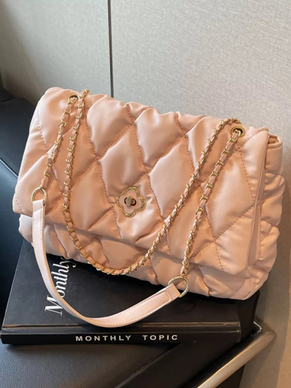 Quilted Chain Shoulder Bag in Pink, product detail