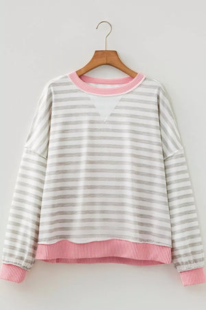 Twisted Rib Trim Striped Loose Pullover Sweatshirt, alternate angle