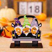 Halloween gnome car tableau set with multicolor gnomes holding pumpkins and letters spelling BOO.