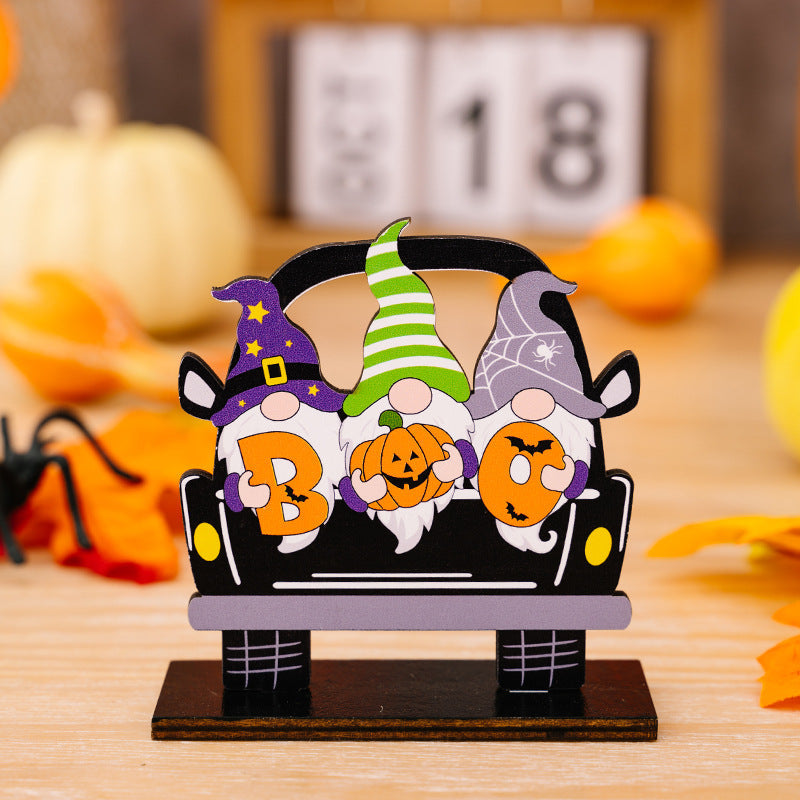 Halloween gnome car tableau set with multicolor gnomes holding pumpkins and letters spelling BOO.