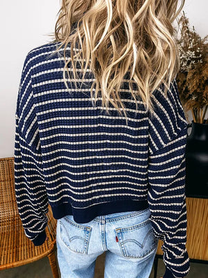 Stripe Textured Knit Half Zip Collared Top in Stripe, model styling view