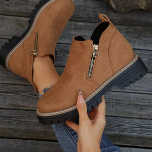 Brown suede ankle boots with side zipper and rugged sole