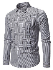 Men's black and white striped long sleeve button-down shirt with woven stripe detail