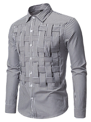 Men's black and white striped long sleeve button-down shirt with woven stripe detail