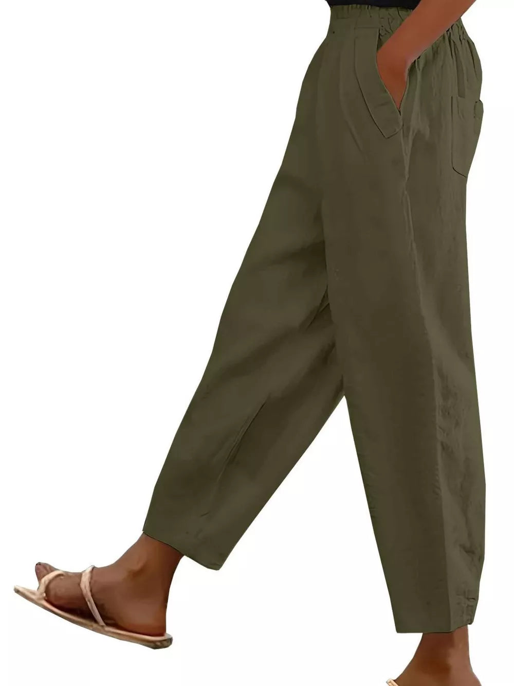 Army green wide-leg maternity pants with pockets and a relaxed fit.
