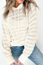 Beige openwork knit hoodie with drawstring and ribbed cuffs, cotton blend.