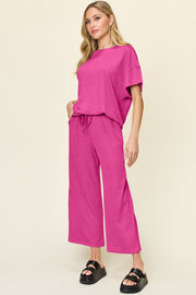 Hot Pink waffle knit lounge set with drawstring pants and short sleeve top