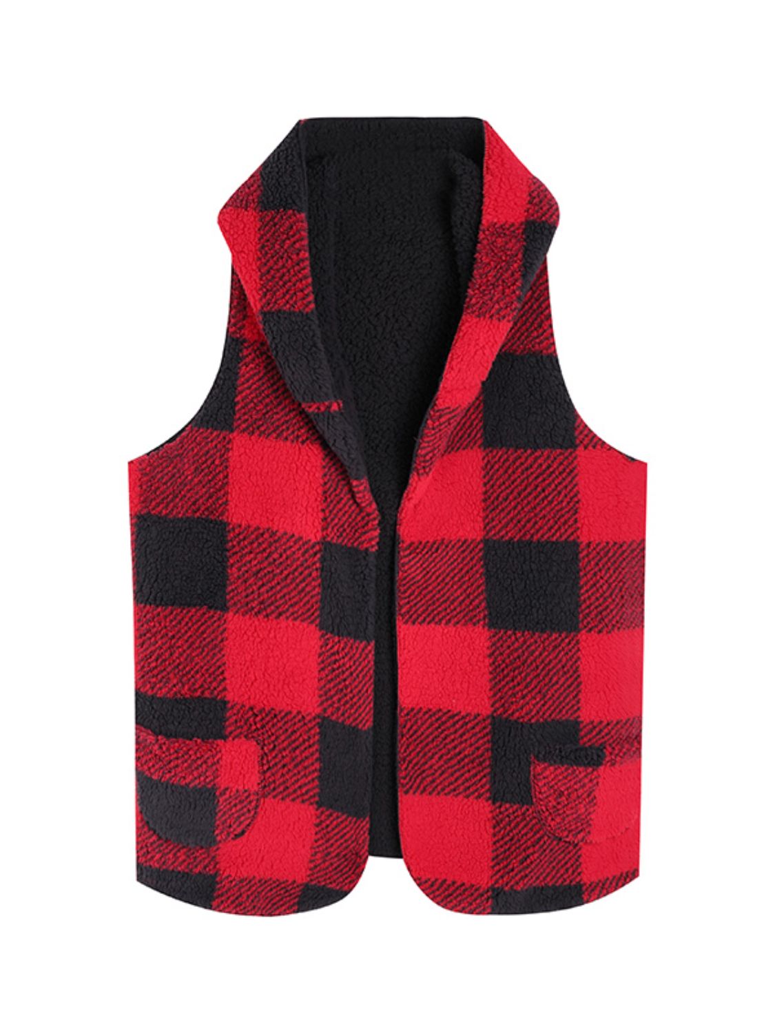 Reversible buffalo check vest in deep red and black with a fuzzy texture and two front pockets.