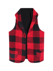 Reversible buffalo check vest in deep red and black with a fuzzy texture and two front pockets.