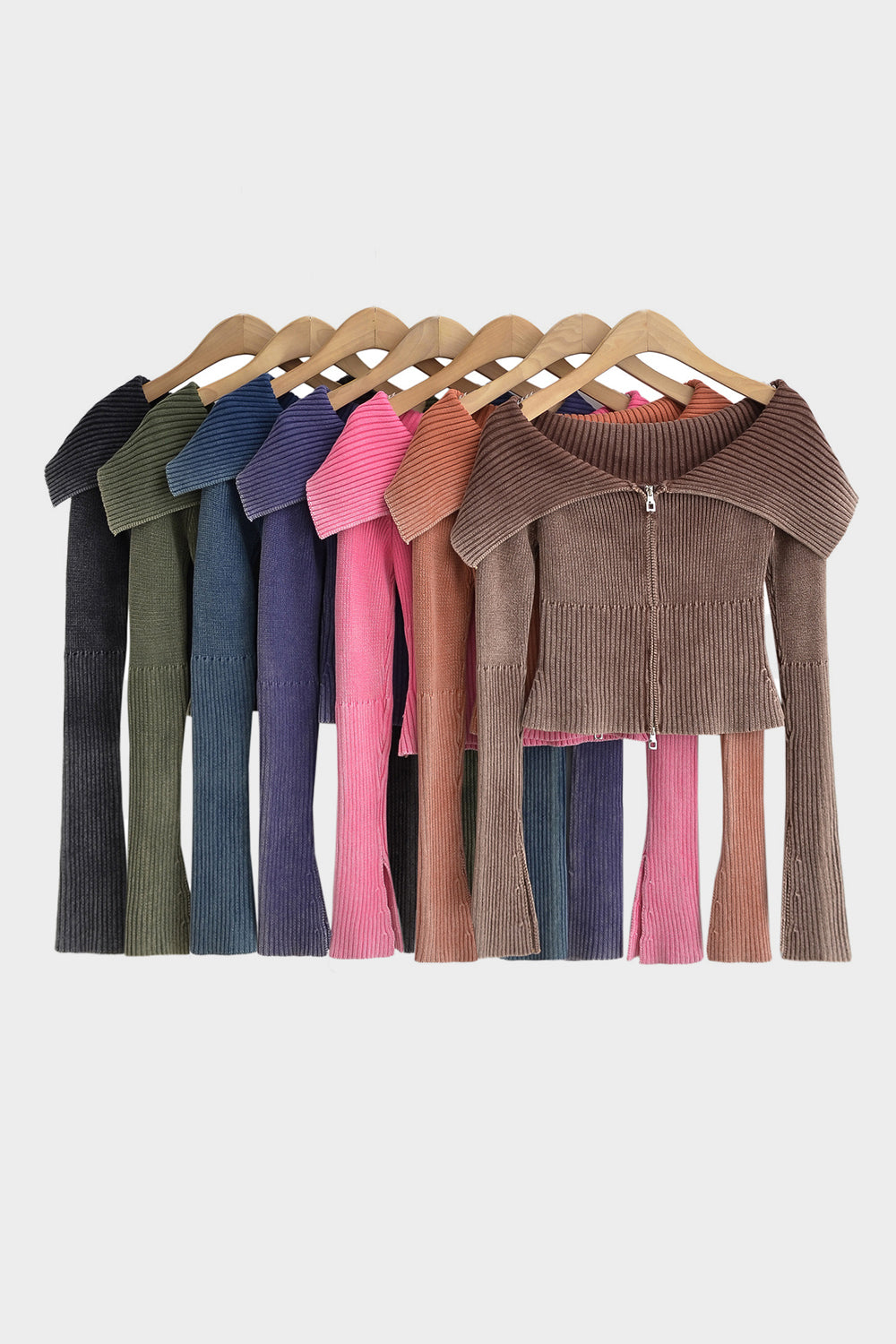 Off-shoulder ribbed knit top with flare sleeves and zipper in brown, pink, taupe, black, blue, green, and caramel.