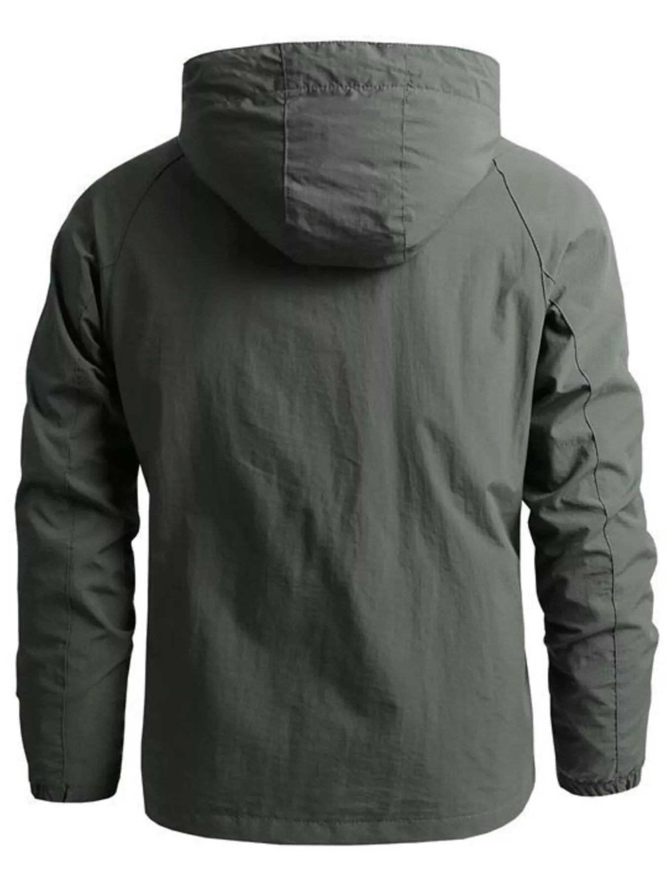 Lightweight hooded windbreaker jacket in Army Green with a plain pattern and long sleeves.