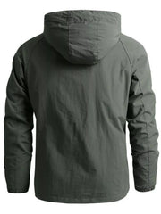 Lightweight hooded windbreaker jacket in Army Green with a plain pattern and long sleeves.