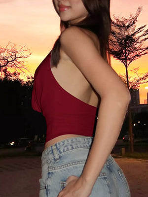 Burgundy halter ruched cami top with a one-shoulder neckline.