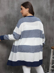 Striped open-front knit cardigan in dark navy and white, 100% acrylic, relaxed fit.