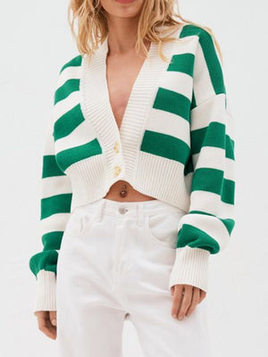 Cropped stripe knit cardigan in dark green and white with button front and collar.