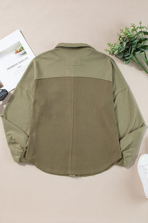 Moss waffle knit shacket with gathered sleeves and collar detail