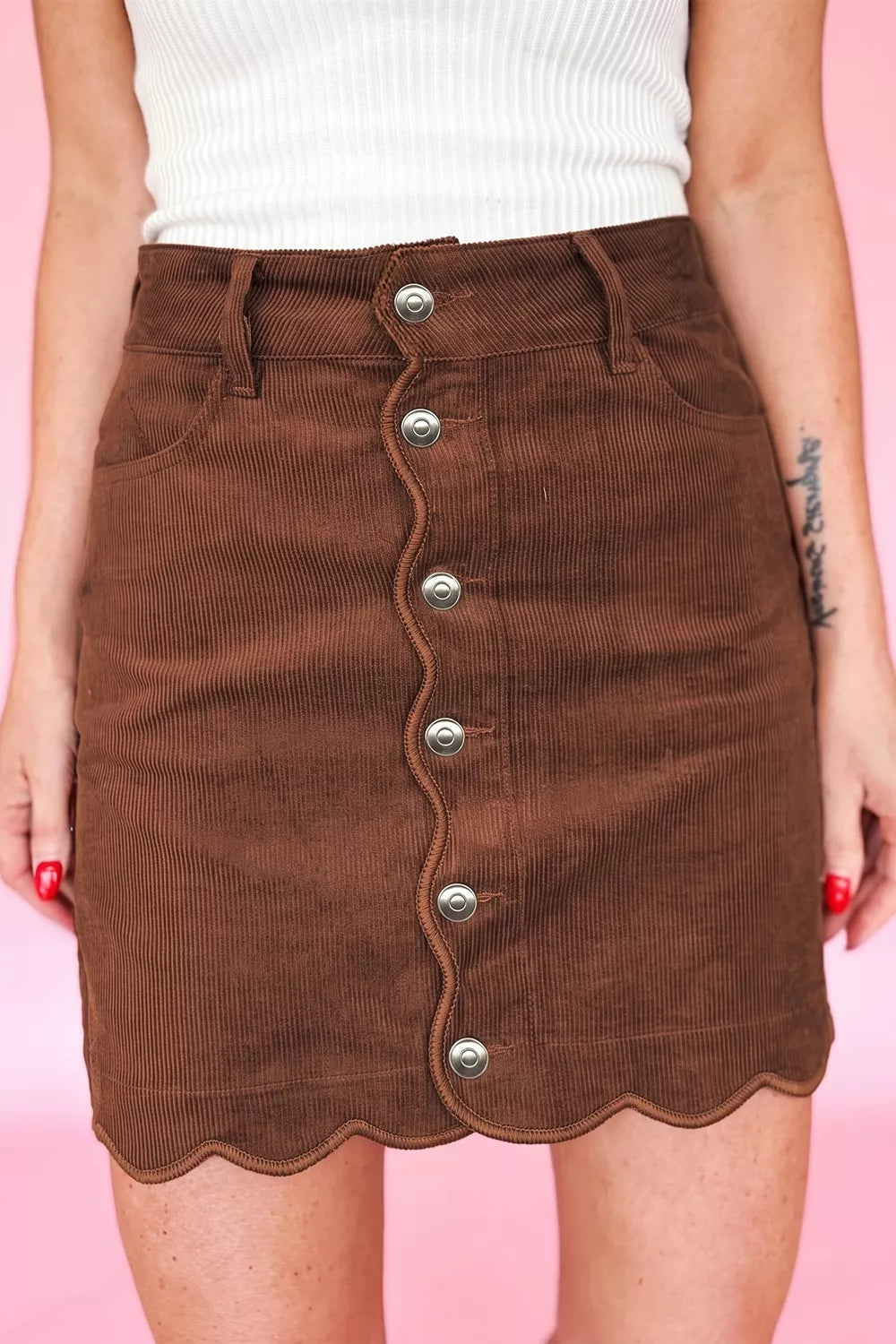 Button Front Corduroy Mini Sheath Skirt in Brown, close-up detail