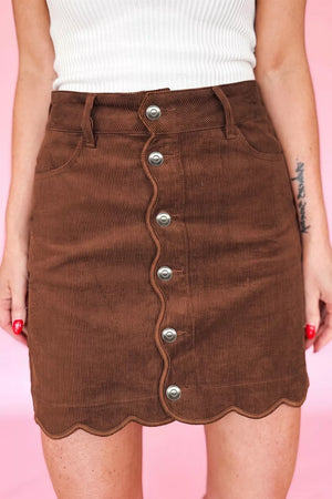 Button Front Corduroy Mini Sheath Skirt in Brown, close-up detail