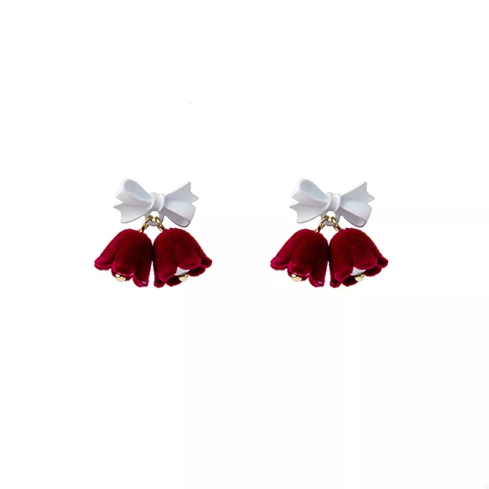 Velvet bow-embellished bell earrings in deep red with white bows.
