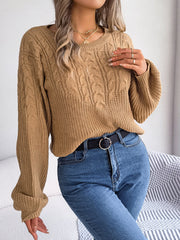 Textured cable knit drop shoulder pullover sweater in taupe with balloon sleeves.