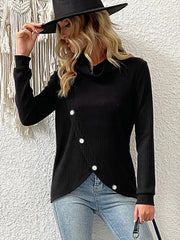 Black ribbed turtleneck sweater with asymmetric button detail