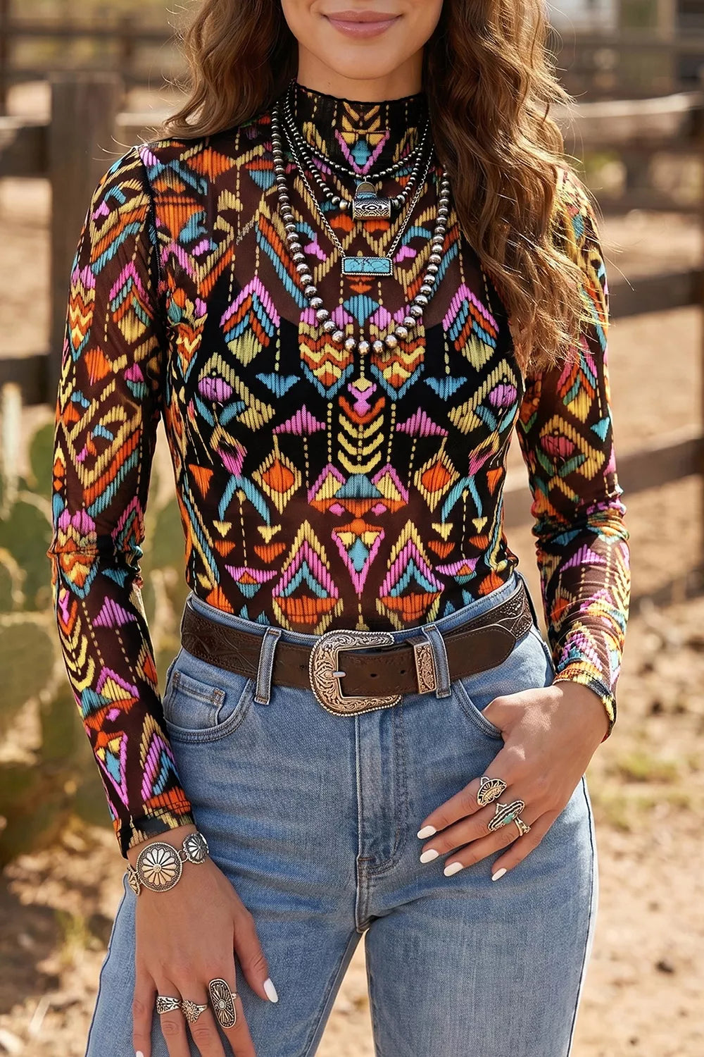 Abstract Print Long Sleeve Mesh Top, front view