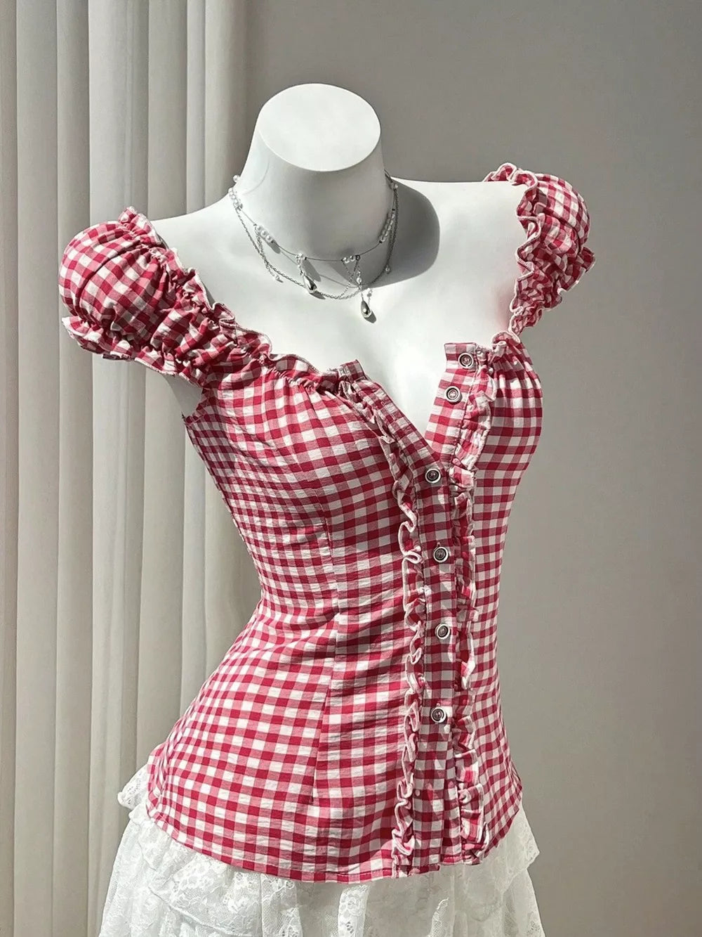 Frill Gingham Cap Sleeve Blouse, front view