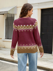 Fair Isle yoke knit sweater in burgundy with brown and white geometric pattern.