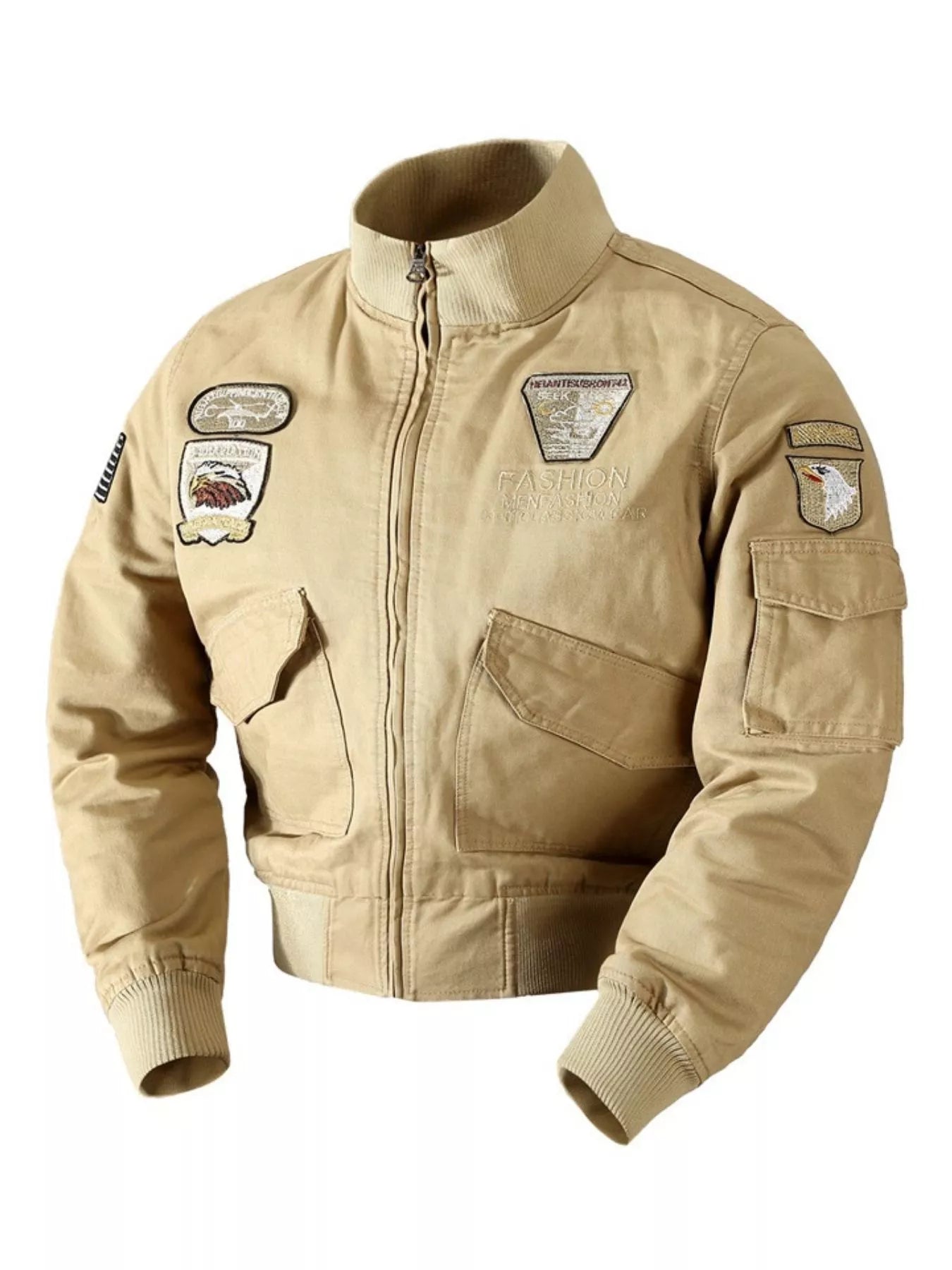 Khaki cotton bomber jacket with embroidered patches and utility pockets.