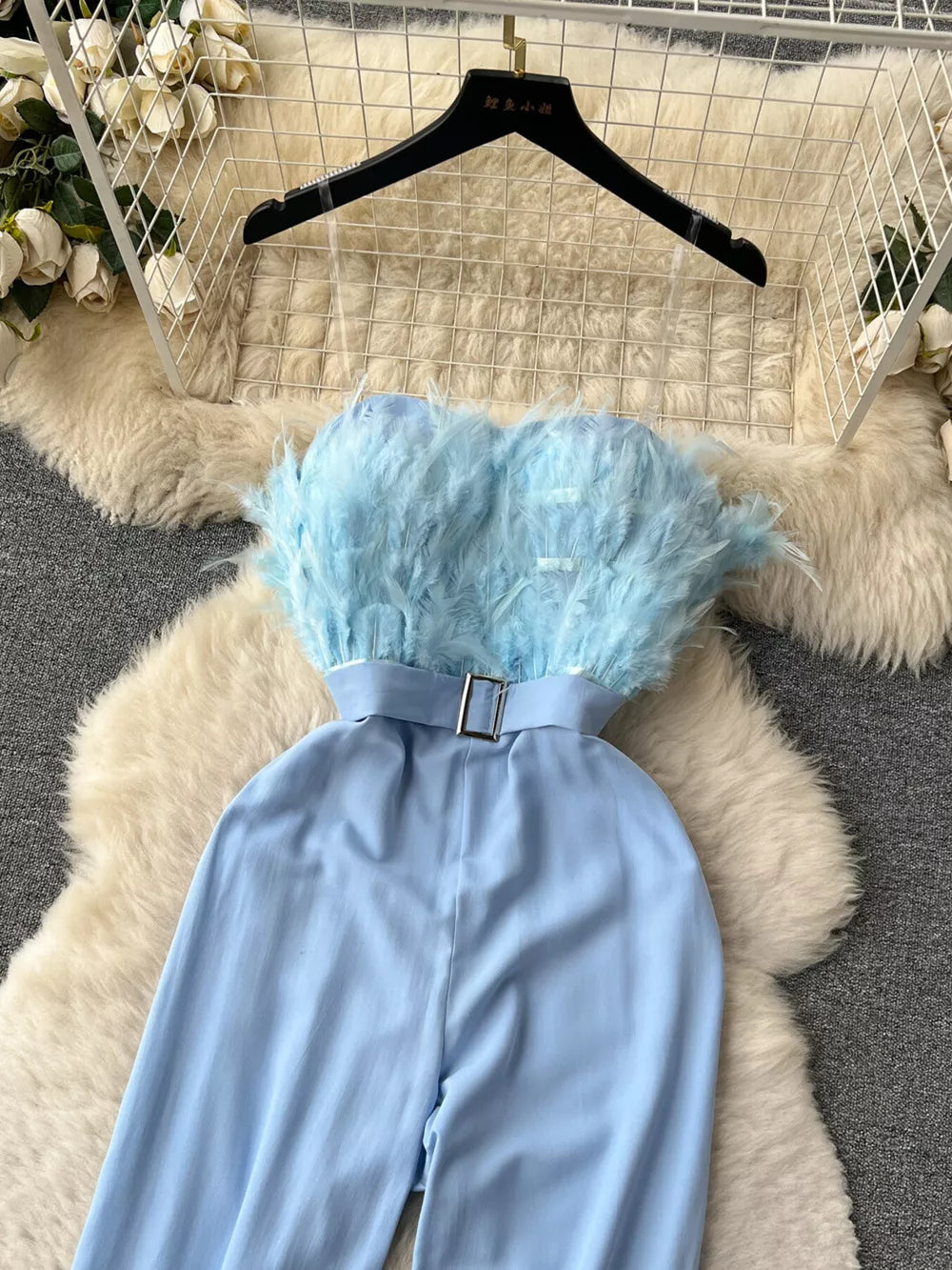 Blue feather trim strapless wide-leg jumpsuit with belted waist