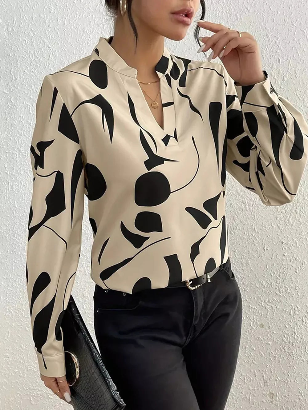 Abstract Print Notched Long Sleeve Blouse in Beige, close-up detail
