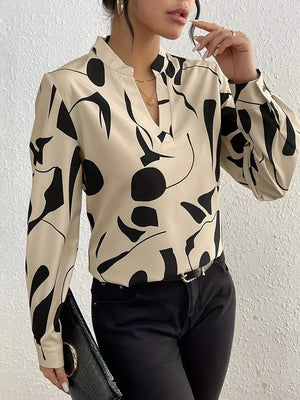 Abstract Print Notched Long Sleeve Blouse in Beige, close-up detail