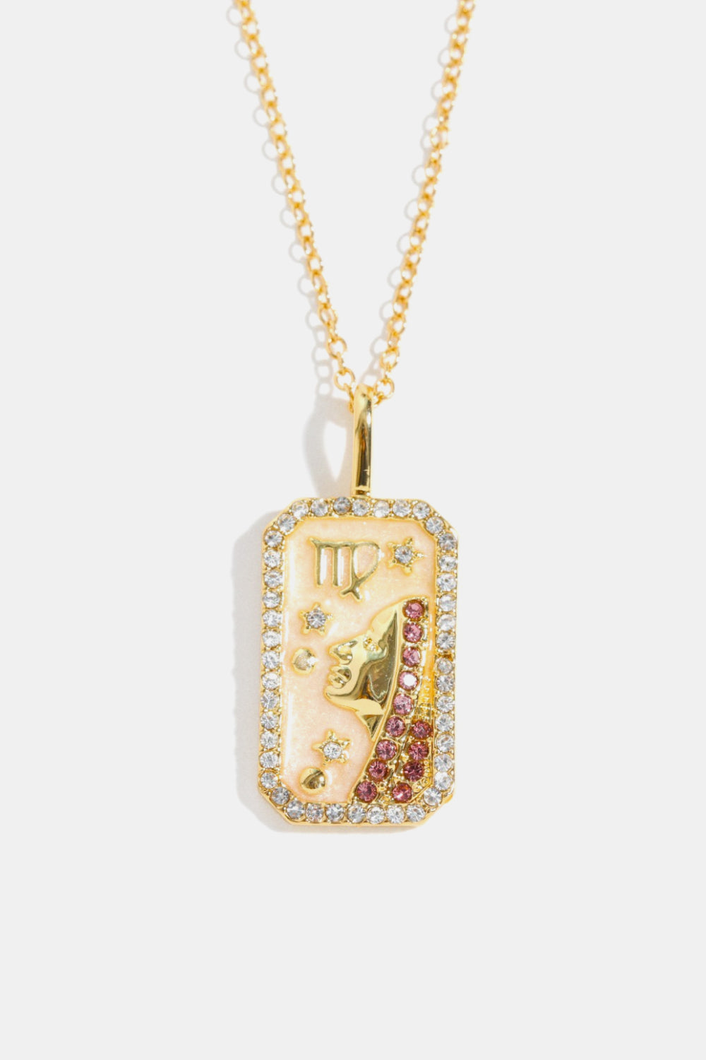 Virgo zodiac sign crystal pendant necklace, 14K gold-plated, with moon and stars detail.